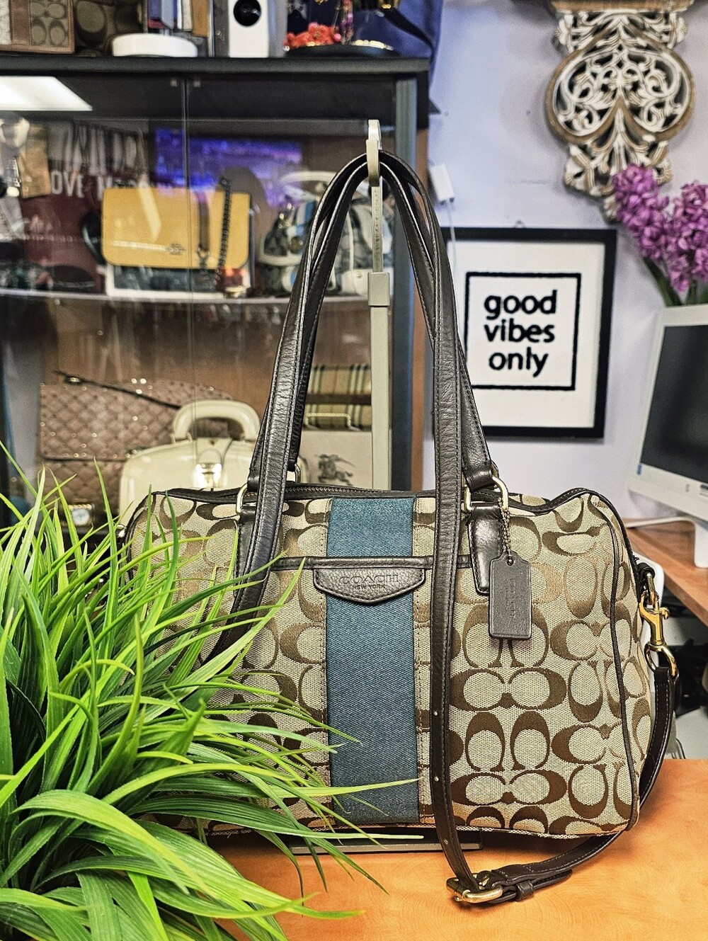 Coach Brown Signature Canvas Satchel with Blue Center Stripe